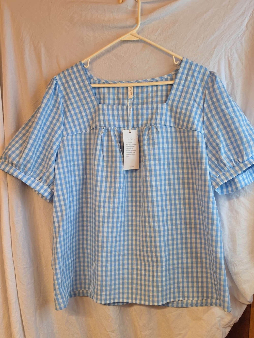 Light Blue Gingham Square-Neck Blouse